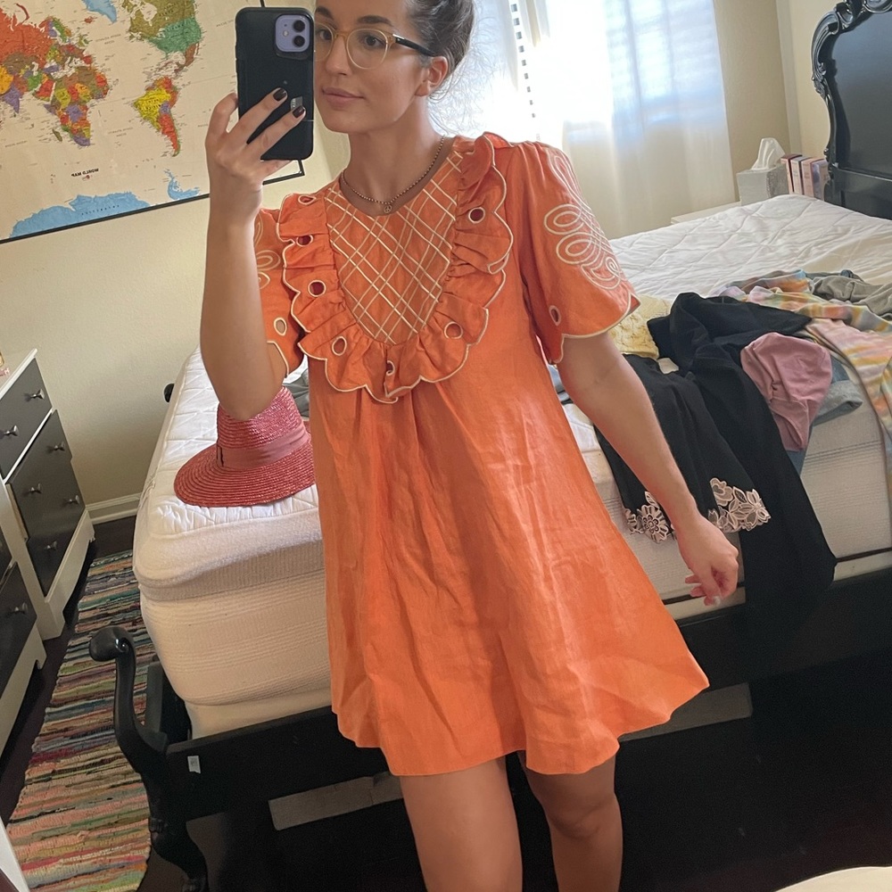 Innika Choo Ruffle Embroidered Linen Baby Doll Dress Size Small Orange ALTERED
